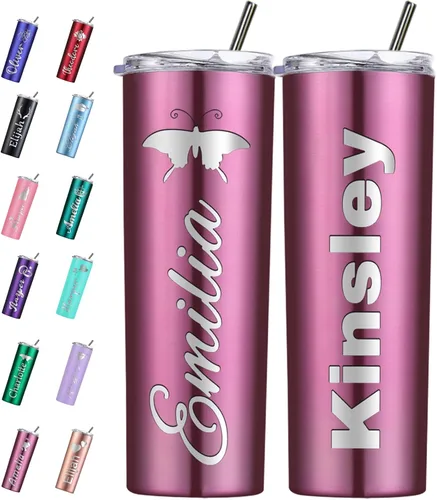 Vista 19 de Vaso personalizado personalizado con nombre grabado y logotipo, vasos delgados personalizados con tapa y pajita, vaso aislado de acero inoxidable