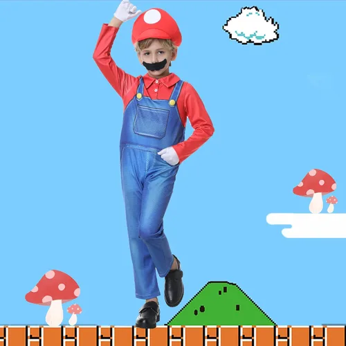 Vista 6 de Lydoesy Upgraded Super Brothers Costume for Kids Halloween Cosplay Jumpsuits with Hat Mustache Eyebrows Gloves