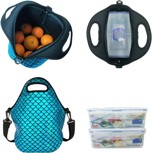 Vista 4 de YOUDA Bolsa de almuerzo aislada de neopreno para el hombro, bolsas para mujeres y hombres, trabajo, oficina, al aire libre, picnic, viajes (azul)