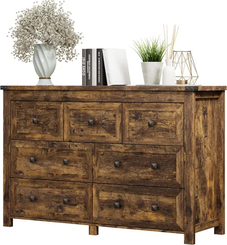Vista 20 de Xixini - Cómoda para dormitorio con 5 cajones, cómoda alta de madera, organizador moderno de ropa estilo granja, gabinete de almacenamiento con asas