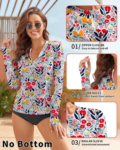 Vista 3 de WOWENY Camiseta de natación de manga larga UPF 50+ para mujer, con agujeros para el pulgar, protección solar UV, traje de baño sin parte inferior ni