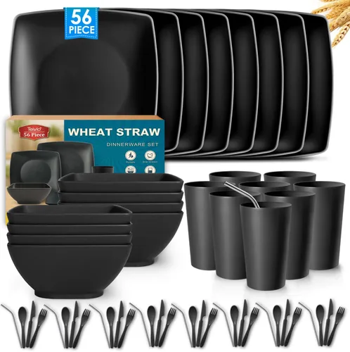 Vista 10 de Teivio Juego de vajilla cuadrada de paja de trigo de plástico de 16 piezas para 4, platos de cena irrompibles, platos de ensalada, cuencos