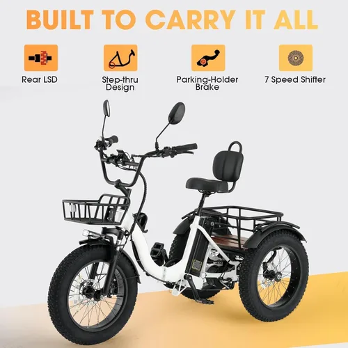 Vista 2 de Skeri Triciclo eléctrico para adultos, motor Etrike de 750 W (pico 1350 W), triciclo eléctrico plegable de 20 x 4 pulgadas, batería de 48 V13Ah
