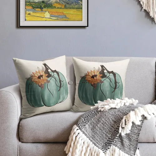 Vista 3 de Juego de 2 fundas de almohada de otoño de 16 x 16 pulgadas, color azul aguamarina, calabaza, girasol, cosecha, Acción de Gracias, para exteriores