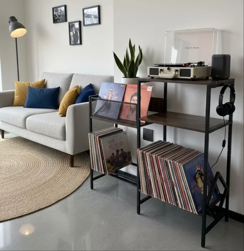 Vista 4 de JinMing Soporte para tocadiscos con almacenamiento de vinilo, gabinete de audio resistente para discos, tocadiscos, receptor, altavoces, consola