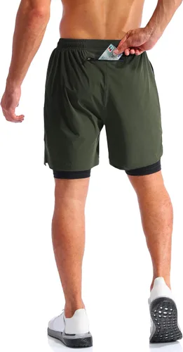 Vista 4 de Pudolla Mens 2 in 1 Running Shorts 7" Quick Dry Gym Athletic Workout Shorts for Men with Phone Pockets