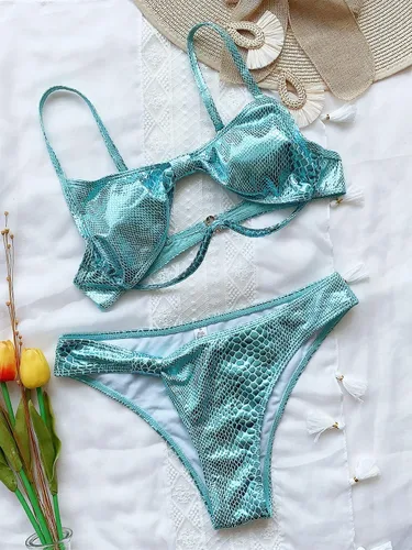 Vista 4 de FCYYUETY Sexy Cuello Redondo Correas Corte Alto Bandeau Bikini Piel de Serpiente Líquido Metálico Tanga Traje de baño