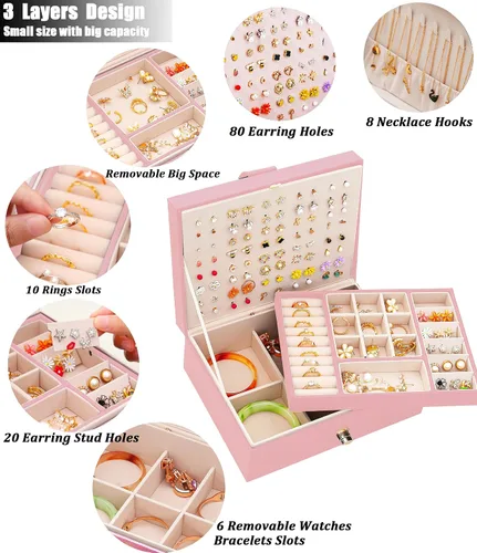Vista 2 de QBestry Organizador de aretes de tuerca para niñas caja de joyería rosa para aretes collar organizador de joyas caja de aretes para mujer soporte
