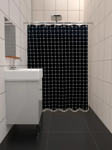 Vista 2 de Cortina de ducha de tela de estilo granja con rayas negras, cortina de baño bohemia de patchwork de gingham, cortina de baño rústica y elegante