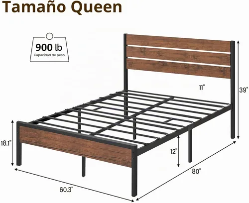 Vista 2 de Base de cama rústica tamaño Queen con cabecero, plataforma de metal, marco de cama de granja, listones de metal, marco de cama resistente