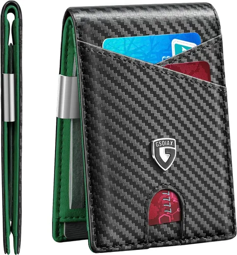 Vista 47 de GSOIAX Cartera delgada de cuero plegable RFID para hombre, billetera minimalista con bolsillo frontal con clip para dinero, 12 ranuras para Negro