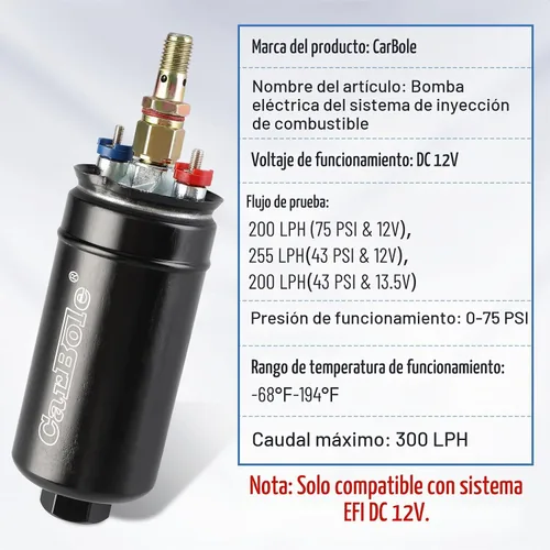 Vista 6 de CarBole Bomba de combustible universal eléctrica externa en línea, 12V 300LPH de alto flujo, con abrazadera de montaje