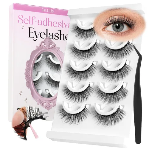 Vista 10 de CALAILIS Pestañas autoadhesivas, 5 pares de pestañas postizas a presión de aspecto natural, sin pegamento, reutilizables, pestañas postizas
