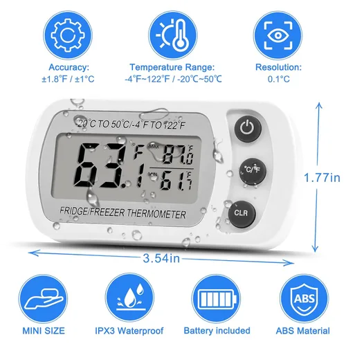Vista 4 de Lasubst Termómetro digital para refrigerador, paquete de 2 unidades para refrigerador, congelador, impermeable, color blanco