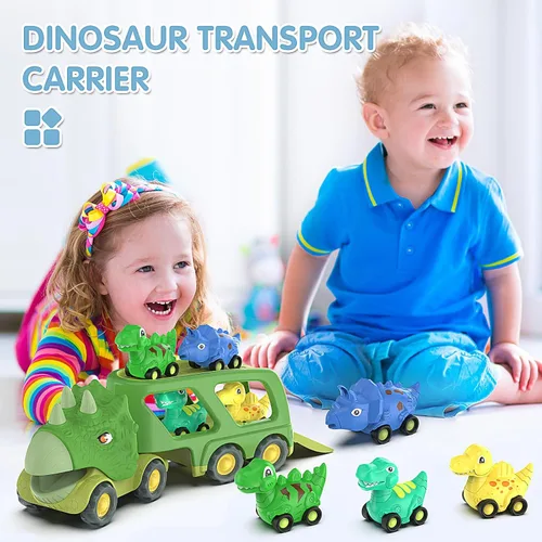 Vista 5 de Juguetes de dinosaurio para niños de 2 a 4 años, camión transportador de automóvil de dinosaurio con 4 autos de dinosaurio de tracción hacia atrás