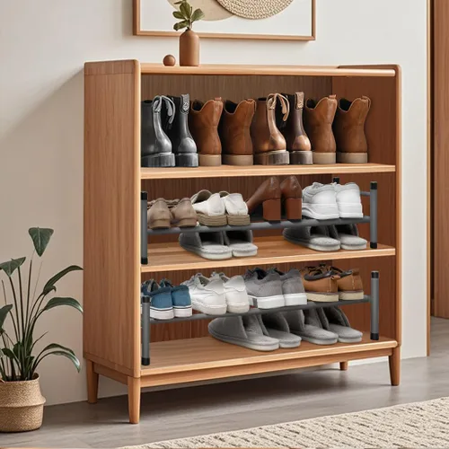 Vista 2 de STORAGE MANIAC - Estante de zapatos ampliable, 4 pares, pequeño estante de zapatos apilable, organizador de zapatos ajustable de metal para armario