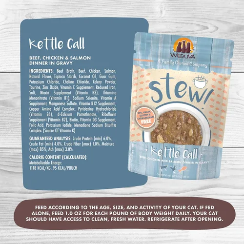 Vista 4 de Weruva Classic Cat Stews!, Kettle Call con carne de res, pollo y salmón en salsa, bolsa de 3 onzas (paquete de 12)