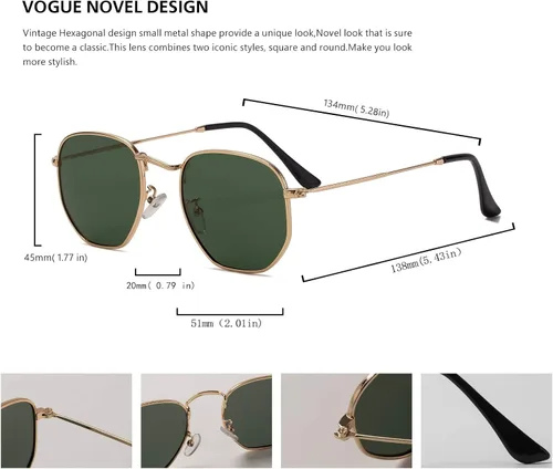 Vista 3 de Hipster. - Lentes de sol polarizados hexagonales para hombre y mujer, diseño geométrico, cuadrados, pequeños, marco de metal vintage, gafas de sol