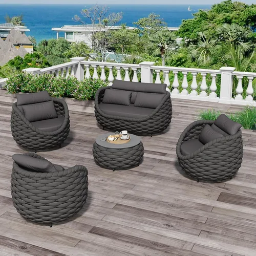 Vista 8 de Juego de muebles de patio de aluminio de 3 piezas: cuerda tejida a mano para conversación al aire libre, juego de 2 cojines modernos montados, juego