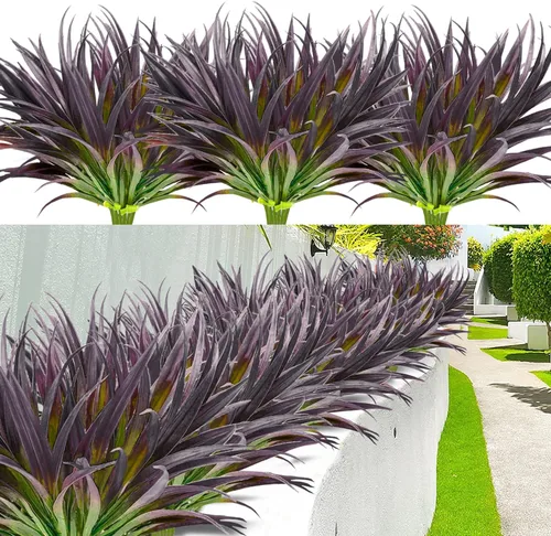 Vista 11 de 8 piezas de plantas falsas para exteriores, resistentes a los rayos UV, plantas de césped alto artificiales, flores tropicales, arbustos, decoración