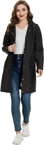 Vista 5 de Fahsyee Chubasquero para mujer, chaqueta impermeable con capucha, rompevientos para exteriores, larga actividad