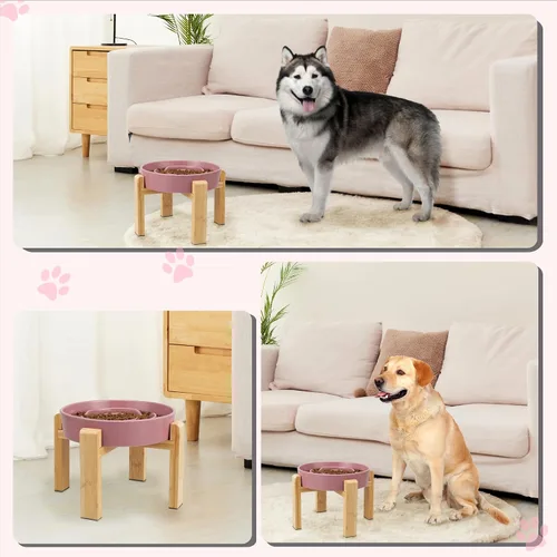 Vista 6 de Cuenco elevado para perros de alimentación lenta – Plato de comida de cerámica con soporte de bambú – Diseño de laberinto elevado – Ideal para Rosa