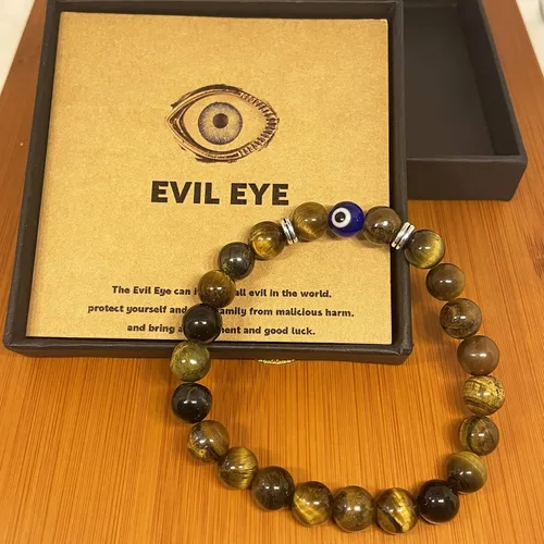 Vista 6 de HOHOTANG Pulsera contra el mal de ojo para hombre, pulsera de cuentas de piedra natural, amuleto de protección de la suerte para hombres, familiares