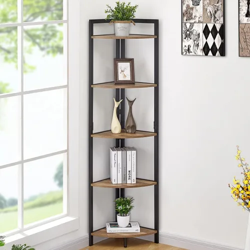 Vista 3 de FATORRI Estantería de madera y metal y estante de esquina para el hogar (roble rústico)