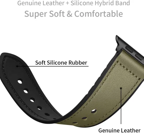 Vista 5 de OUHENG Correas de cuero compatibles con Apple Watch de 42mm 41mm 40mm 38mm, correa híbrida de cuero genuino y goma para iWatch Series 11 10 9 8 7 6