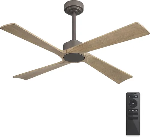 Vista 9 de WINGBO Ventilador de techo CC de 48 pulgadas sin luces, 4 aspas de madera maciza tallada, motor CC reversible de 6 velocidades, ventilador de techo