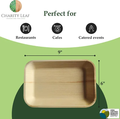 Vista 2 de Charity Leaf Paquete de 1000 bandejas de hoja de palma de 9 x 6 pulgadas Platos ecológicos y compostables estilo bambú para eventos y bodas