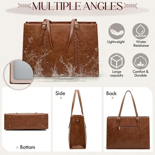 Vista 4 de RAINSMORE Bolsa para Laptop para Mujeres, Bolsa Tote para Laptop de 15.6 Pulgadas de Cuero PU Bolsa de Trabajo para Computadora Ligera Bolsos