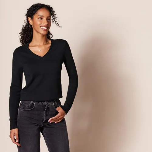 Vista 2 de Suéter Tienda Essentials para mujer, 100% algodón, de manga larga, con cuello en V