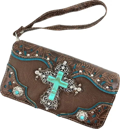 Vista 2 de Justin West Tooled - Bolso de mano de piel con diamantes de imitación, corte láser, color turquesa