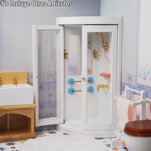 Vista 5 de Odoria Cabina de ducha para casa de muñecas en miniatura: esquina de ducha a escala 1/12 para baño moderno - Mini muebles de madera blanco
