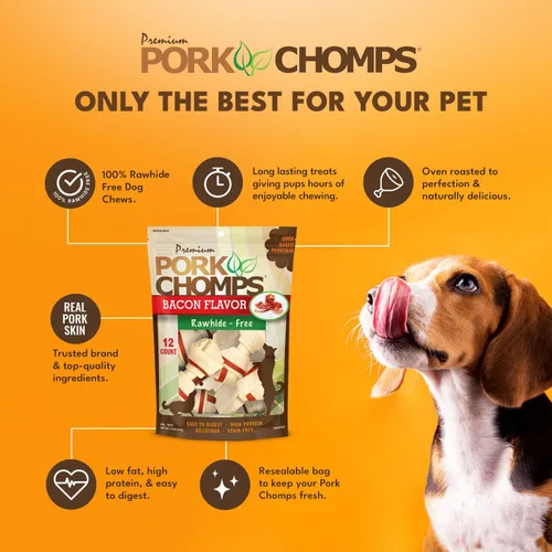 Vista 3 de Pork Chomps Masticables para perros de piel de cerdo horneada, mini nudos de 2.5 pulgadas, tira sabor tocino, 12