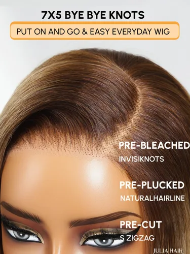 Vista 3 de Julia Hair - Peluca BOB sin nudos de 30 cm con cierre de encaje HD de 7x5, rubio con raíces marrones, corte recto y desflecado, prearrancada, nudos