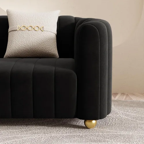 Vista 5 de Moderno sofá de terciopelo negro para sala de estar, sofá individual de 42 pulgadas con patas de esfera de metal dorado (negro 1S)