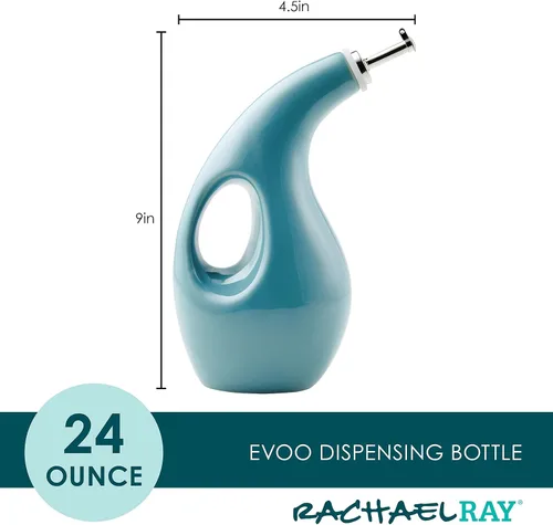 Vista 2 de Rachael Ray 48467 Botella dispensadora de aceite y vinagre de cerámica EVOO con boquilla, 24 onzas - Azul agave