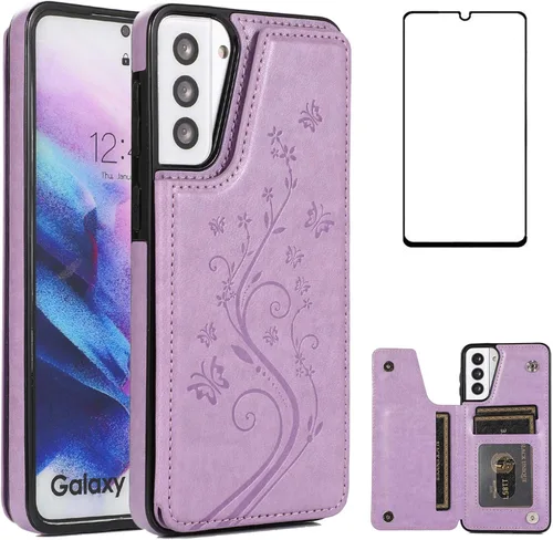 Vista 9 de Funda de teléfono para Samsung Galaxy S21 Plus Glaxay S21+ 5G con protector de pantalla de vidrio templado, tarjetero y tarjetero con soporte
