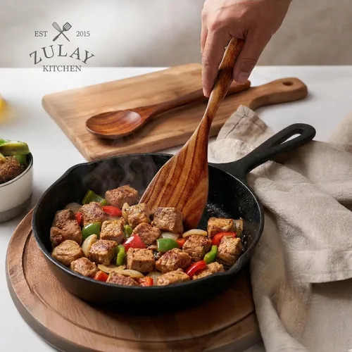 Vista 9 de Zulay Kitchen Juego de 5 cucharas de madera extragrandes - Utensilios de cocina de teca lisa - Cucharón, espátula, espumadera, tenedor, cuchara