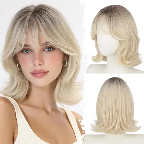 Vista 24 de BARSDAR Synthetic Short Layered Brown Highlights Bob Wig with Wispy Bangs