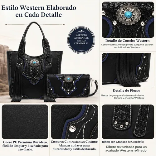 Vista 3 de Estilo occidental vaquera tejida con flecos de cocodrilo magnífico monedero conchos Tote Country Women bolso bolso hombro cartera conjunto 1 juego
