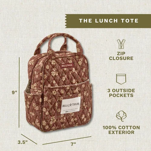 Vista 3 de Bella Taylor Bolsa de almuerzo acolchada de algodón para mujer, apta para alimentos, con forro de PEVA fácil de limpiar, diseño floral burdeos