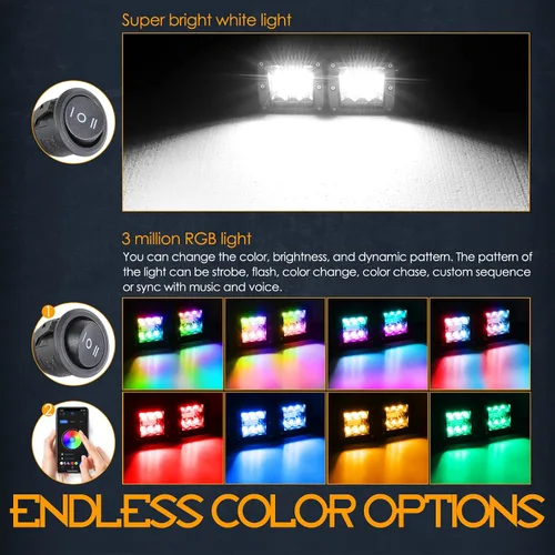 Vista 3 de Nirider - Cápsulas LED RGB, 2 unidades, barra de luz LED de 3 pulgadas con arnés de cableado, luces LED de cubo multicolor, Bluetooth que cambia