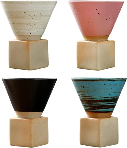 Vista 4 de 2 tazas de café de cerámica gruesa con base de 6.8 fl oz, taza de porcelana con forma de cono triangular creativa, estilo retro, embudo de gres
