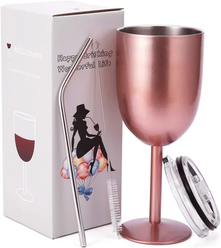 Vista 18 de AMZUShome Copas de vino de acero inoxidable. Vaso de vino de doble pared aislado al vacío con tapa y pajita. Amistad, Navidad, regalos de cumpleaños