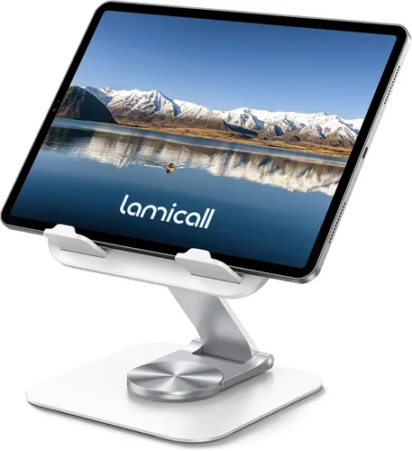 Vista 9 de Lamicall Soporte ajustable para iPad para escritorio, plegable, ultradelgado, rotación de 360°, soporte para tablet con base resistente, soporte