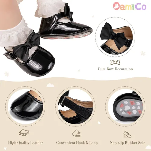 Vista 4 de Oamico Zapatos planos Mary Jane para bebés y niñas, suela de goma antideslizante con Bownot para primeros pasos, zapatos de vestir de boda