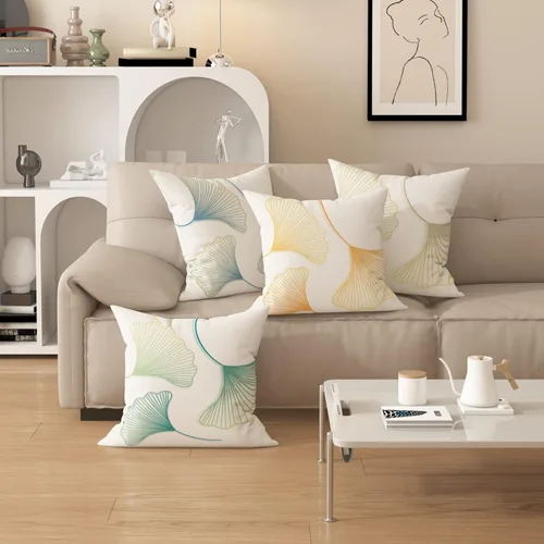 Vista 2 de Funda de almohada de mezcla de algodón y lino de estilo nórdico con patrón de hojas de ginkgo, funda de cojín para sofá del hogar, funda de almohada